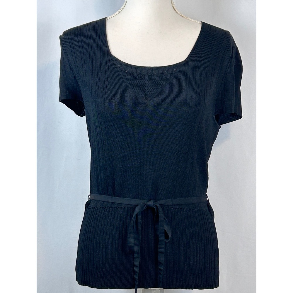 Jones New York collection Knit Top Black Short Sleeve Tie Waist Pointelle